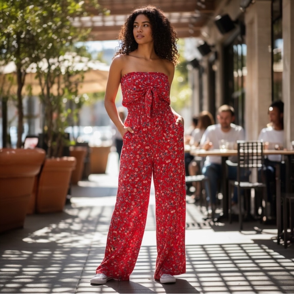 Strapless Red Floral Jumpsuit with Tie Front